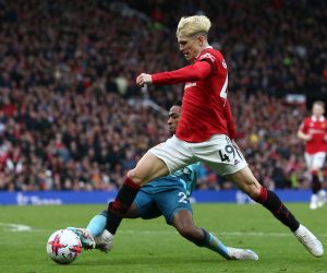 epa10517169 Alejandro Garnacho (R) of Manchester United is tackled by Kyle Walker-Peters (L) of Southampton during the English Premier League soccer match between Manchester United and Southampton in Manchester, Britain, 12 March 2023.  EPA/Adam Vaughan EDITORIAL USE ONLY. No use with unauthorized audio, video, data, fixture lists, club/league logos or 'live' services. Online in-match use limited to 120 images, no video emulation. No use in betting, games or single club/league/player publications