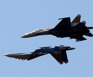 epa10522667 (FILE) - Two Russian SU-27 aircraft perform during the International Maritime Defence Show (IMDS) in St. Petersburg, Russia, 07 July 2013 (reissued 14 March 2023). The United States European Command (EUCOM) said in a statement that two Russian Su-27 aircraft 'conducted an unsafe and unprofessional intercept' with a US unmanned MQ-9 aircraft that was operating within international airspace over the Black Sea on 14 March 2023. The incident occurred at about 7:03 AM (CET) when one of the Russian aircraft struck the propeller of the MQ-9 causing US forces to bring the unmanned aircraft down in international waters, the statement added.  EPA/ANATOLY MALTSEV *** Local Caption *** 50908986