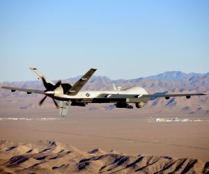 epa10522758 A handout photo made available by the U.S. Air Force of an MQ-9 Reaper flying a training mission over the Nevada Test and Training Range, USA 15 July 2019 (issued 14 March 2023). The United States European Command (EUCOM) said in a statement that two Russian Su-27 aircraft 'conducted an unsafe and unprofessional intercept' with a US unmanned MQ-9 aircraft that was operating within international airspace over the Black Sea on 14 March 2023. The incident occurred at about 7:03 AM (CET) when one of the Russian aircraft struck the propeller of the MQ-9 causing US forces to bring the unmanned aircraft down in international waters, the statement added.  EPA/Airman 1st Class William Rio Rosado HANDOUT  HANDOUT EDITORIAL USE ONLY/NO SALES
