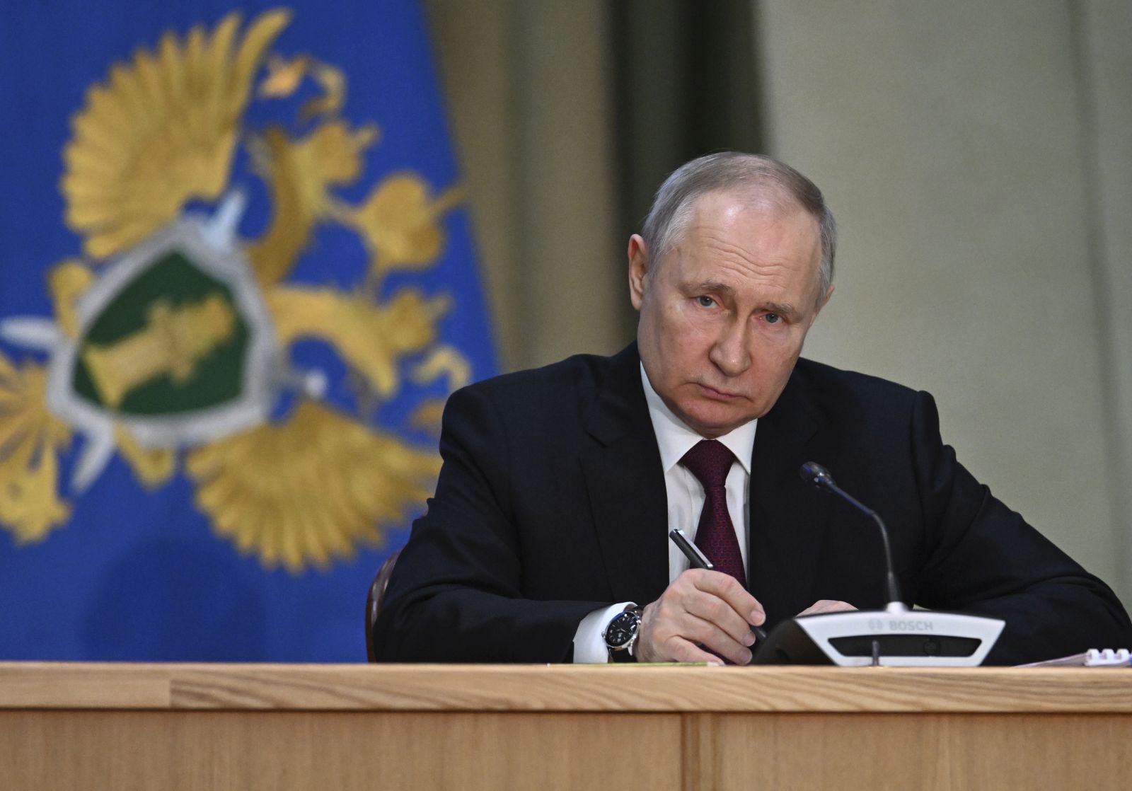 epa10524087 Russian President Vladimir Putin attends an expanded meeting of the Prosecutor General's Office board in Moscow, Russia, 15 March 2023. The Prosecutor General's Office of Russia for a year achieved a ban on the activities of 17 foreign non-governmental organizations, another 23 such NGOs were recognized as undesirable in the Russian Federation, said the head of the supervisory agency Igor Krasnov.  EPA/PAVEL BEDNYAKOV/SPUTNIK/KREMLIN POOL MANDATORY CREDIT