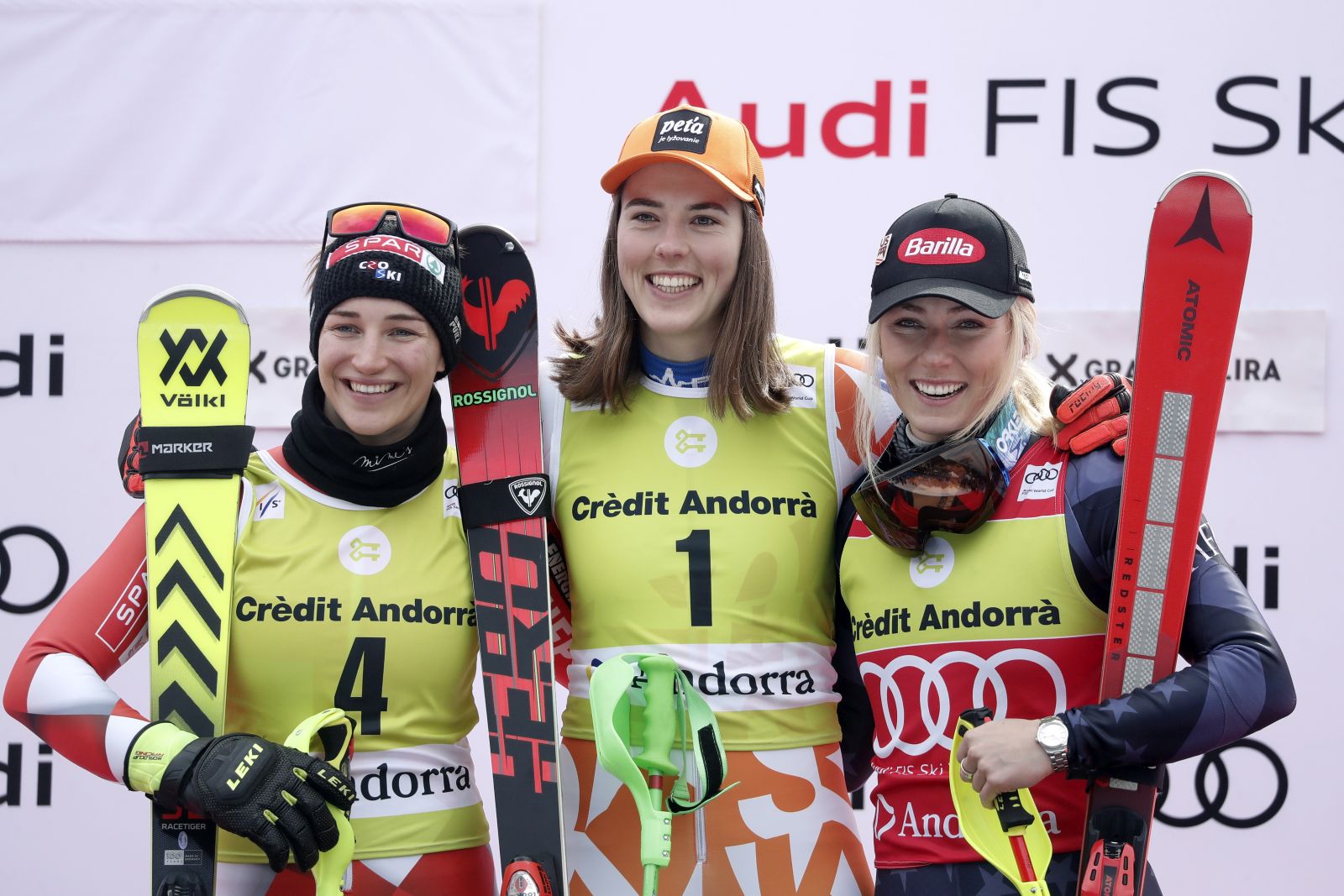 epa10530175 (L-R) Second placed Leona Popovic of Croatia, winner Petra Vlhova of Slovakia and third placed Mikaela Shiffrin of the USA celebrate on the podium after the Women's Slalom race at the FIS Alpine Skiing World Cup finals in the skiing resort of El Tarter, Andorra, 18 March 2023.  EPA/Guillaume Horcajuelo