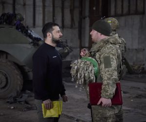 epa10536769 A handout photo made available by the Ukrainian Presidential Press Service shows Ukrainian President Volodymyr Zelensky (L) awarding a serviceman during a visit to the advanced positions of the Ukrainian military in the Bakhmut direction, part of a working trip to the Donetsk region, at an undisclosed location in Ukraine, 22 March 2023, amid the Russian invasion of the country. Russian troops entered Ukrainian territory on 24 February 2022, starting a conflict that has provoked destruction and a humanitarian crisis.  EPA/PRESIDENTIAL PRESS SERVICE HANDOUT  HANDOUT EDITORIAL USE ONLY/NO SALES