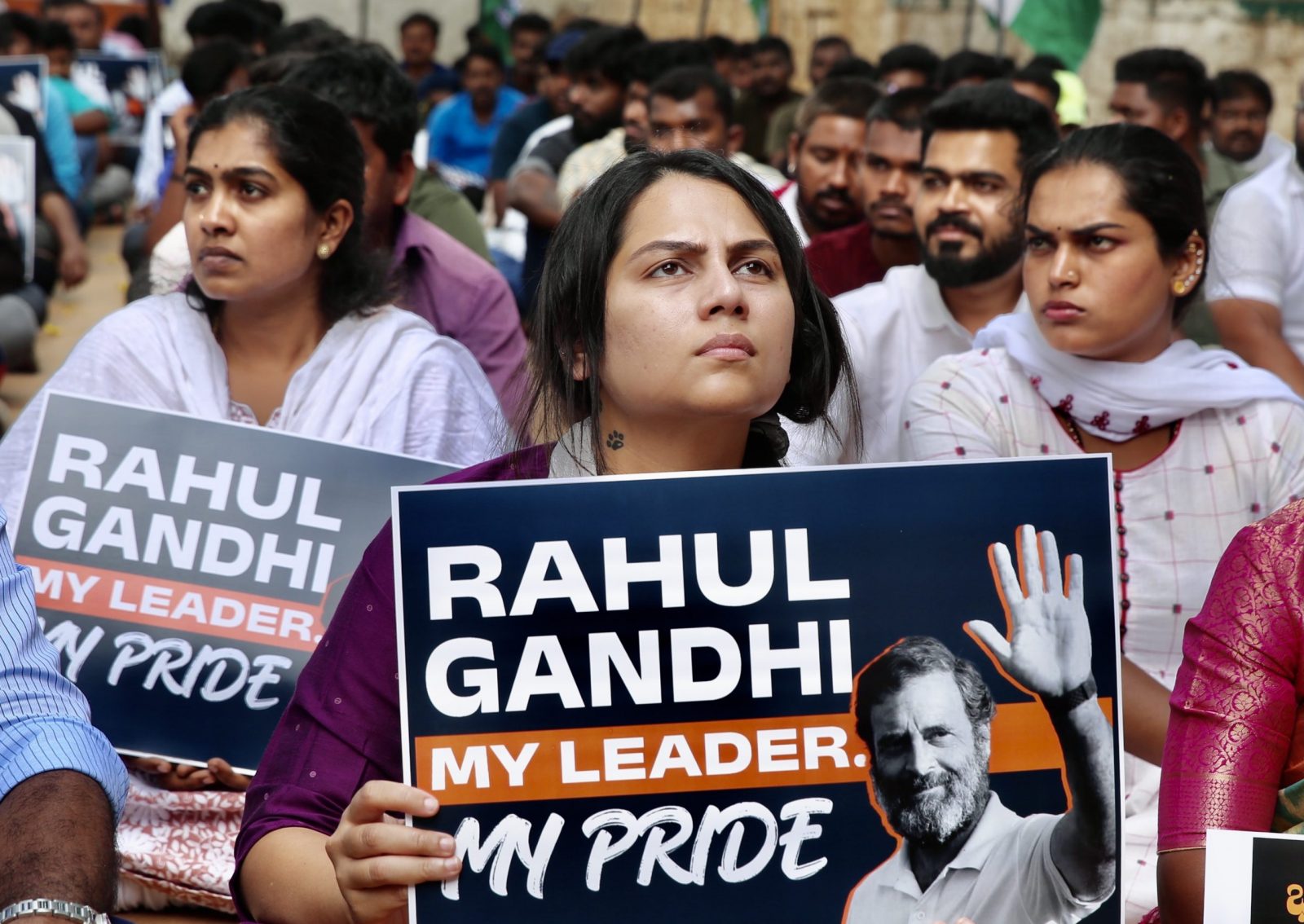 epa10538622 Members of the National Students Union of India (NSUI) rally against Bharatiya Janata Party lead Indian Prime Minister Narendra Modi during a protest in support Congress Senior Leader Rahul Gandhi, in Bangalore, India 23 March 2023. Congress leader Rahul Gandhi was found guilty and sentenced for two years in prison on Thursday in a 2019 criminal defamation case over his remarks about Prime Minister Narendra Modi's surname by a Gujarat court in Surat. However, he was granted bail and his sentence was suspended for 30 days to let him appeal the decision.  EPA/JAGADEESH NV