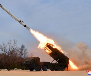 epa10539854 A photo released by the official North Korean Central News Agency (KCNA) shows a cruise missile being launched during an exercise conducted in Jakdo-dong, South Hamgyong Province, North Korea, 22 March 2023 (issued 24 March 2023). According to North Korean state media, the test involved two Hwasai-1 and two Hwasai-2 strategic cruise missiles, equipped with a 'test warhead simulating a nuclear warhead.'  EPA/KCNA   EDITORIAL USE ONLY