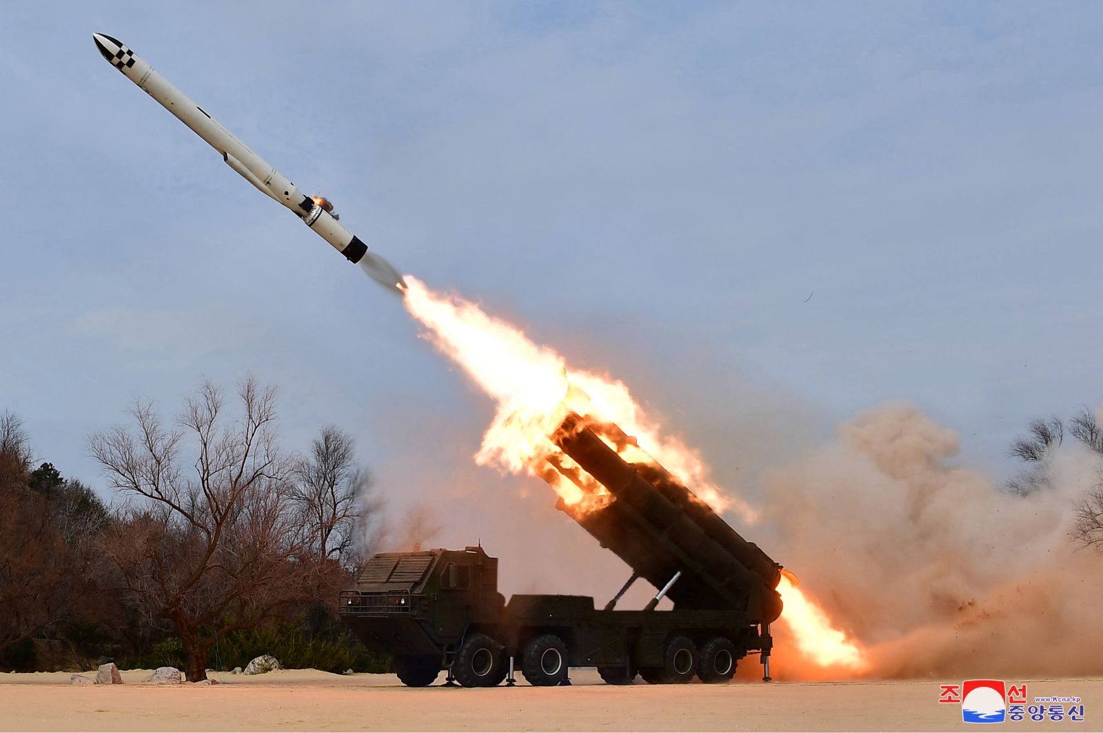 epa10539854 A photo released by the official North Korean Central News Agency (KCNA) shows a cruise missile being launched during an exercise conducted in Jakdo-dong, South Hamgyong Province, North Korea, 22 March 2023 (issued 24 March 2023). According to North Korean state media, the test involved two Hwasai-1 and two Hwasai-2 strategic cruise missiles, equipped with a 'test warhead simulating a nuclear warhead.'  EPA/KCNA   EDITORIAL USE ONLY