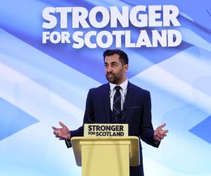 epa10545509 The new leader of the Scottish National Party and former Health Secretary Humza Yousaf speaks after he is announced at Murrayfield Stadium in Edinburgh, Scotland, Britain 27 March 2023. The result follows a five-week contest after the former leader and First Minister Nicola Sturgeon stood down. There will be a vote in Holyrood parliament on 28 March to select the next first minister.  EPA/ROBERT PERRY