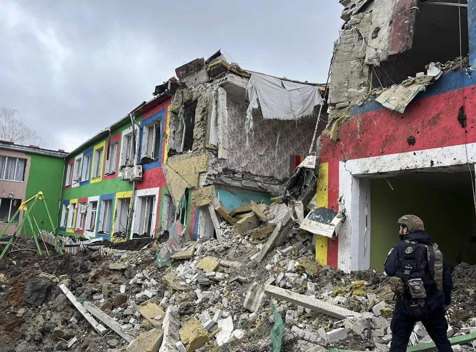epa10545472 A handout photo made available by the Head of the Donetsk Regional Military Administration, Pavlo Kyrylenko, shows the damaged orphanage in Druzhkivka, Donetsk region, Ukraine, 27 March 2023. One person was killed and 25 people injured in Russian missile strikes  on Sloviansk and Druzhkivka, according to Kyrylenko, Russian troops on 24 February 2022, entered Ukrainian territory, starting a conflict that has provoked destruction and a humanitarian crisis.  EPA/Donetsk Regional Military Administration HANDOUT BEST QUALITY AVAILABLE HANDOUT EDITORIAL USE ONLY/NO SALES