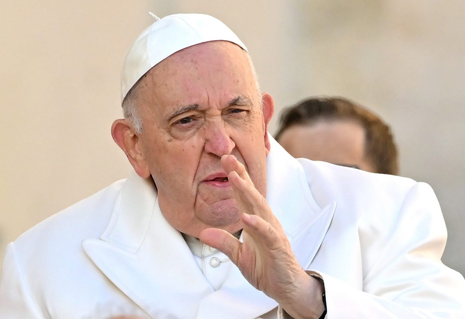 epa10548359 Pope Francis arrives to lead the weekly general audience in Saint Peter's Square, Vatican City, 29 March 2023.  EPA/ETTORE FERRARI