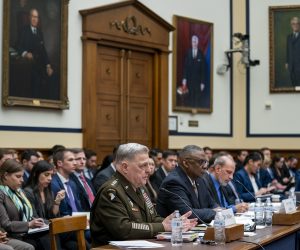 epa10549212 Chairman of the Joint Chiefs of Staff General Mark Milley, with Secretary of Defense Lloyd Austin, testifies during the House Committee on Armed Services hearing on the 2024 Defense Budget Request on Capitol Hill in Washington, DC, USA, 29 March 2023.  EPA/SHAWN THEW