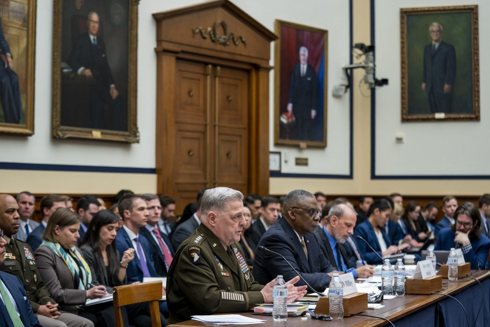 epa10549212 Chairman of the Joint Chiefs of Staff General Mark Milley, with Secretary of Defense Lloyd Austin, testifies during the House Committee on Armed Services hearing on the 2024 Defense Budget Request on Capitol Hill in Washington, DC, USA, 29 March 2023.  EPA/SHAWN THEW