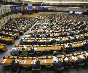 epa10550117 MPs vote in the hemicycle during a plenary session of the European Parliament in Brussels, Belgium, 30 March 2023. The session focused on the Rule of Law in Greece, Spain and Malta.  EPA/OLIVIER HOSLET