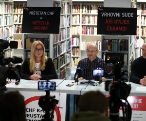01.03.2023., Zagreb - Konferencija za medije Udruge Franak na kojoj je najavljen veliki prosvjed 1. travnja na Zrinjevcu zbog, kako navode iz udruge, pravne nesigurnosti za 55.000 potrosaca s konverzijama. Na konferenciji su govorili predsjednik Upravnog odbora Udruge Franak Elvis Sudar, voditeljica ureda Udruge Franak Sandra Ziga te aktivist Goran Aleksic. Photo: Goran Stanzl/PIXSELL