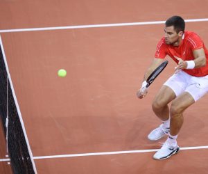 04.02.2023. dvorana Zamet, Rijeka - Kvalifikacijski susret Davis Cupa izmedju Hrvatske i Austrije. Borna Gojo tijekom drugog meca protiv Dominica Thiema. Photo: Nel Pavletic/PIXSELL