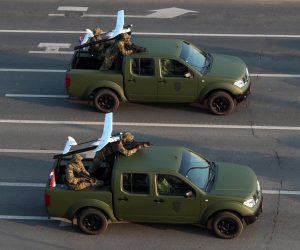 04.08.2015., Zagreb - Povodom obiljezavanja Dana domovinske zahvalnosti, Dana hrvatskih branitelja i 20. obljetnice vojno-redarstvene operacije Oluja odrzan je svecani mimohod kroz Ulicu grada Vukovara, od Avenije Marina Drzica do Savske ulice. Na mimohodu su sudjelovali pripadnici Oruzanih snaga RH-a, MUP-a, operativnih snaga civilnih struktura, branitelji i povijesne postrojbe, mehanizirana sastavnica s borbenim i neborbenim vozilima, a zrakom su proletjeli zrakoplovi Hrvatskog ratnog zrakoplovstva i protuzracne obrane. Motorizirani, mehanizirani i oklopni postroji. Vojnoobavjestajni postroj. Photo: Patrik Macek/PIXSELL