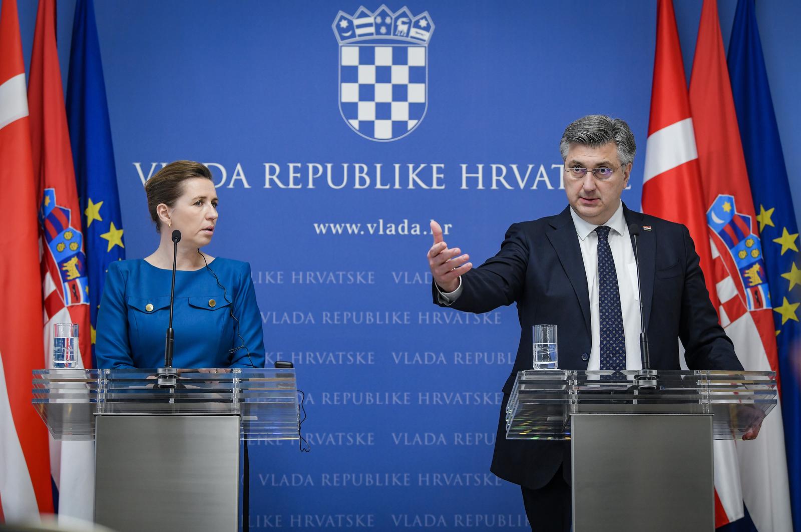 07.03.2023., Zagreb -  Predsjednica Vlade Kraljevine Danske Mette Frederiksen i predsjednik Vlade RH Andrej Plenkovic odrzali su konferenciju za medije nakon sastanka u Banskim dvorima. Photo: Josip Regovic/PIXSELL