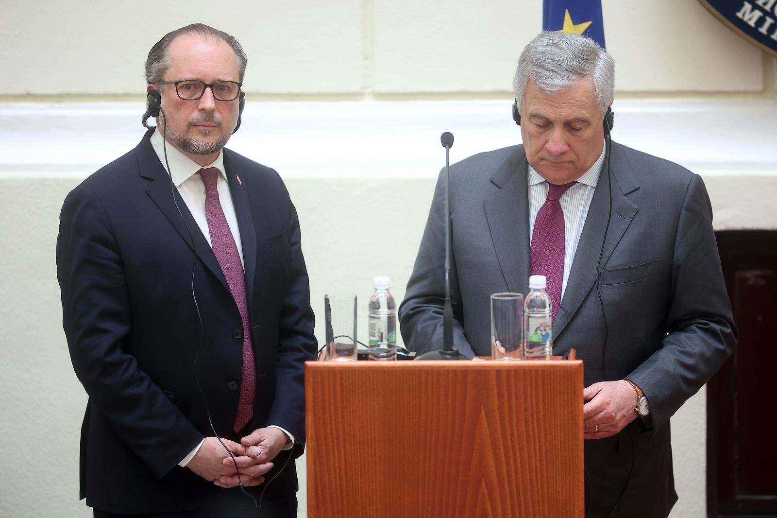10.03.2023., Sarajevo, Bosna i Hercegovina - Ministar vanjskih poslova BiH Elmedin Konakovic odrzao je zajednicku konferenciju za medije sa zamjenikom premijera i ministrom vanjskih poslova i medjunarodne suradnje Republike Italije Antoniom Tajanijem i ministrom za europske i medjunarodne poslove Republike Austrije Alexanderom Schallenbergom. Photo: Armin Durgut/PIXSELL