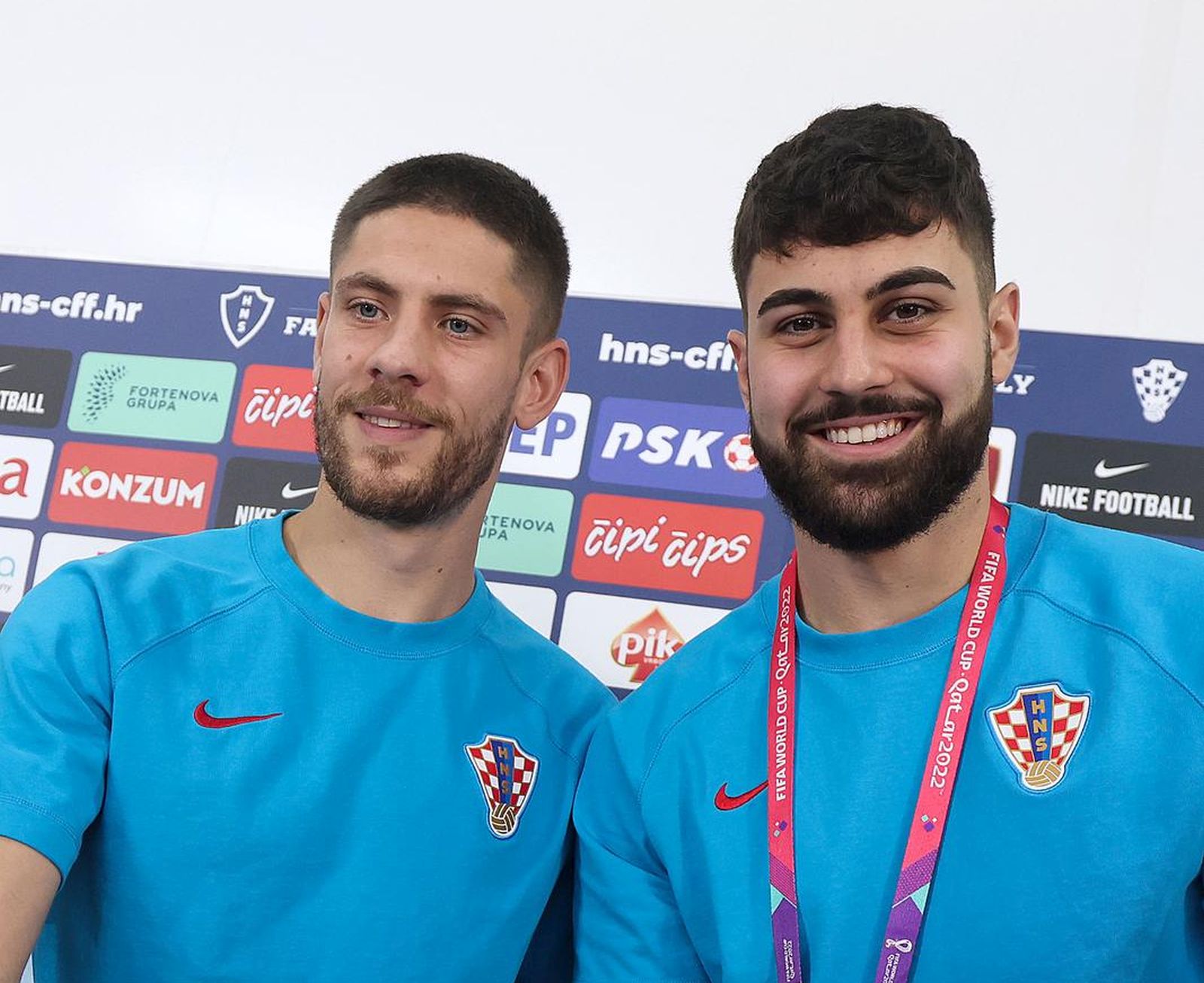 15.12.2022., Al Ersal 3, Doha, Katar - Konferencija za medije Hrvatske nogometne reprezentacije u trening kampu Al Ersal 3 u Dohi na SP u Kataru. Josko Gvardiol, Andrej Kramaric, Tomislav Pacak. 
 Photo: Goran Stanzl/PIXSELL