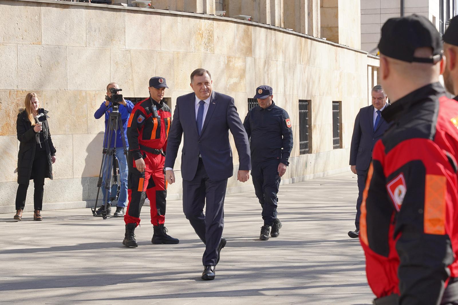 21.02.2023., Palata Republike, Banjaluka (BiH) – Svecani prijem kod predsjednika Republike Srpske Milorada Dodika za 30 pripadnika specijalistickog tima Republicke uprave civilne zastite - za traganje i spasavanje iz rusevina koji su ucestvovali u humanoj misiji u Turskoj nakon razornog zemljotresa.   Photo: Dejan Rakita/PIXSELL