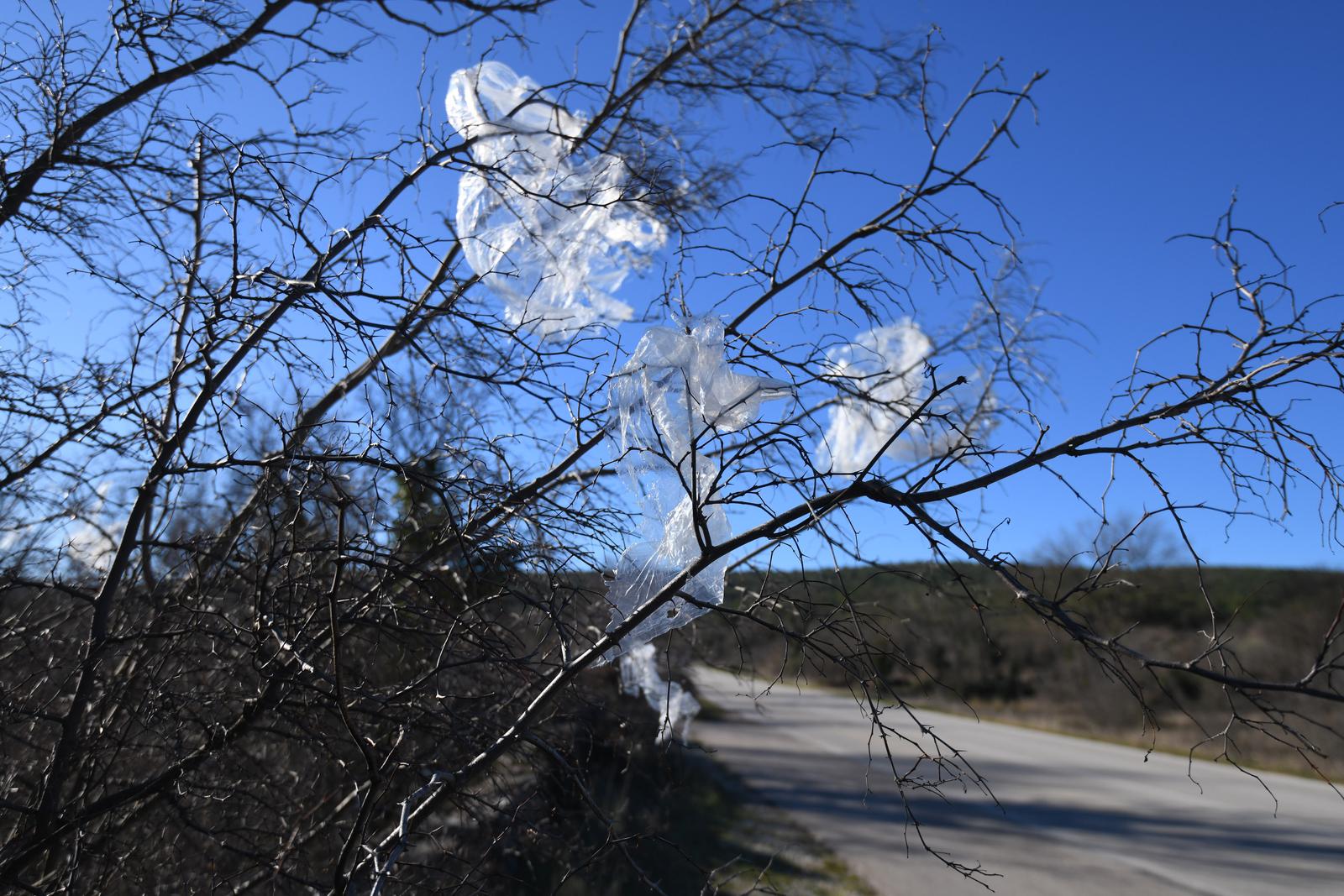 25.01.2022., Sibenik - Iako plasticne vrecice polako odlaze u povijest, neodgovorni pojedinci i dalje ih bacaju  po prirodi. Za izgradnju plasticne vrecice u prirodi potrebno je i po 1000 godina.
 Photo: Hrvoje Jelavic/PIXSELL
