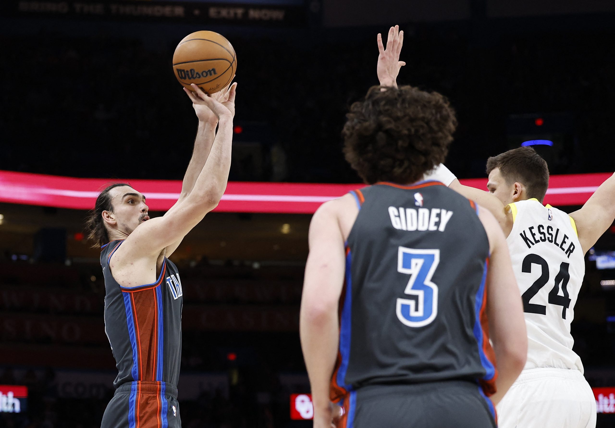 Mar 3, 2023; Oklahoma City, Oklahoma, USA; Oklahoma City Thunder forward Dario Saric (9) shoots a three point basket against the Utah Jazz during the second quarter at Paycom Center. Mandatory Credit: Alonzo Adams-USA TODAY Sports Photo: Alonzo Adams/REUTERS