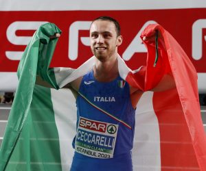 Athletics - European Athletics Indoor Championships - Atakoy Arena, Istanbul, Turkey - March 4, 2023 Gold medallist Italy's Samuele Ceccarelli celebrates after winning the Men's 60m Final REUTERS/Murad Sezer Photo: MURAD SEZER/REUTERS