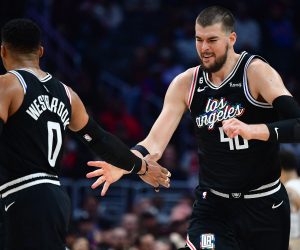 Mar 8, 2023; Los Angeles, California, USA; Los Angeles Clippers center Ivica Zubac (40) reacts with guard Russell Westbrook (0) after scoring a basket against the Toronto Raptors during the second half at Crypto.com Arena. Mandatory Credit: Gary A. Vasquez-USA TODAY Sports Photo: Gary A. Vasquez/REUTERS