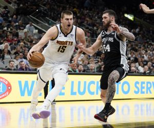 Mar 10, 2023; San Antonio, Texas, USA; Denver Nuggets center Nikola Jokic (15) drives to the basket against San Antonio Spurs forward Sandro Mamukelashvili (54) during the second half at AT&T Center. Mandatory Credit: Scott Wachter-USA TODAY Sports Photo: Scott Wachter/REUTERS