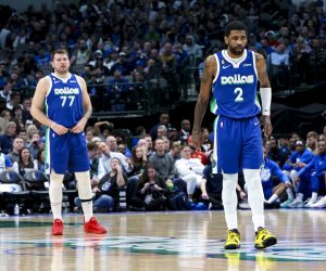 Feb 13, 2023; Dallas, Texas, USA;  Dallas Mavericks guard Luka Doncic (77) and Dallas Mavericks guard Kyrie Irving (2) during the third quarter against the Minnesota Timberwolves at American Airlines Center. Mandatory Credit: Kevin Jairaj-USA TODAY Sports Photo: Kevin Jairaj/REUTERS