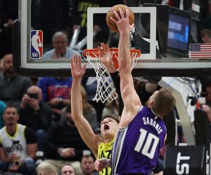 Mar 20, 2023; Salt Lake City, Utah, USA; Sacramento Kings forward Domantas Sabonis (10) dunks on Utah Jazz center Walker Kessler (24) in the fourth quarter at Vivint Arena. Mandatory Credit: Rob Gray-USA TODAY Sports Photo: Rob Gray/REUTERS