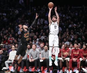 Mar 23, 2023; Brooklyn, New York, USA;  Brooklyn Nets forward Joe Harris (12) takes a three point shot over Cleveland Cavaliers guard Darius Garland (10) in the fourth quarter at Barclays Center. Mandatory Credit: Wendell Cruz-USA TODAY Sports Photo: Wendell Cruz/REUTERS