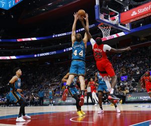 Feb 25, 2023; Detroit, Michigan, USA;Detroit Pistons forward Bojan Bogdanovic (44) grabs the rebound over Toronto Raptors forward Chris Boucher (25) in the first half at Little Caesars Arena. Mandatory Credit: Rick Osentoski-USA TODAY Sports Photo: Rick Osentoski/REUTERS
