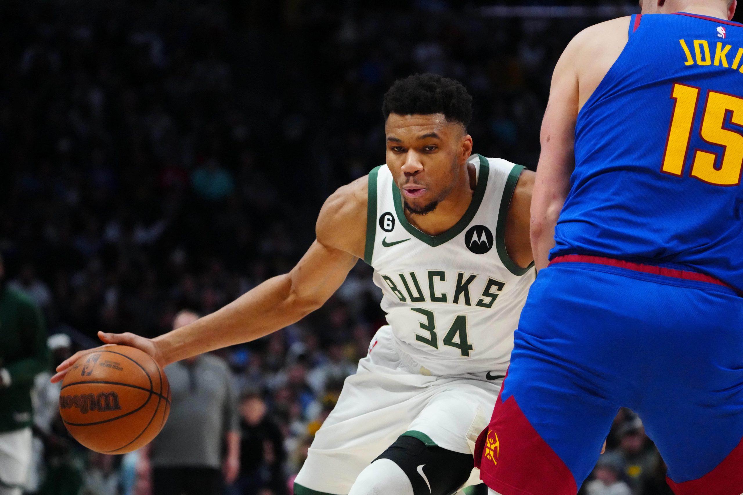 Mar 25, 2023; Denver, Colorado, USA; Milwaukee Bucks forward Giannis Antetokounmpo (34) drives at Denver Nuggets center Nikola Jokic (15) in the second quarter at Ball Arena. Mandatory Credit: Ron Chenoy-USA TODAY Sports Photo: Ron Chenoy/REUTERS