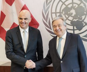 epa10506503 Switzerland’s President Alain Berset (L) with United Nations Secretary-General Antonio Guterres (R) at the start of a meeting at United Nations headquarters in New York, New York, USA, 06 March 2023.  EPA/JUSTIN LANE