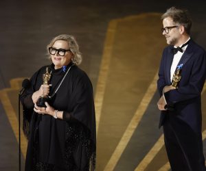 epa10518836 Ernestine Hipper and Christian M. Goldbeck after winning the Oscar for Best Production Design for 'All Quiet on the Western Front' during the 95th annual Academy Awards ceremony at the Dolby Theatre in Hollywood, Los Angeles, California, USA, 12 March 2023. The Oscars are presented for outstanding individual or collective efforts in filmmaking in 24 categories.  EPA/ETIENNE LAURENT