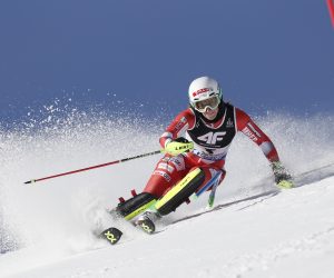 epa10474283 Leona Popovic of Croatia in action during the 1st run in the Women's Slalom event at the FIS Alpine Skiing World Championships in Meribel, France, 18 February 2023.  EPA/GUILLAUME HORCAJUELO