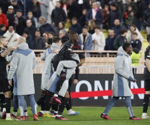 epa10486506 Leverkusen players celebrate after winning the penalty shoot-out of the UEFA Europa League play-off, 2nd leg match between AS Monaco and Bayer Leverkusen in Monaco, 23 February 2023.  EPA/Sebastien Nogier