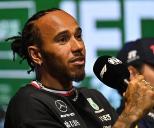 epa10526766 British driver Lewis Hamilton of Mercedes-AMG Petronas attends the drivers' press conference at the Jeddah Corniche Circuit, Saudi Arabia, 16 March 2023. The Formula One Grand Prix of Saudi Arabia will take place on 19 March.  EPA/STR