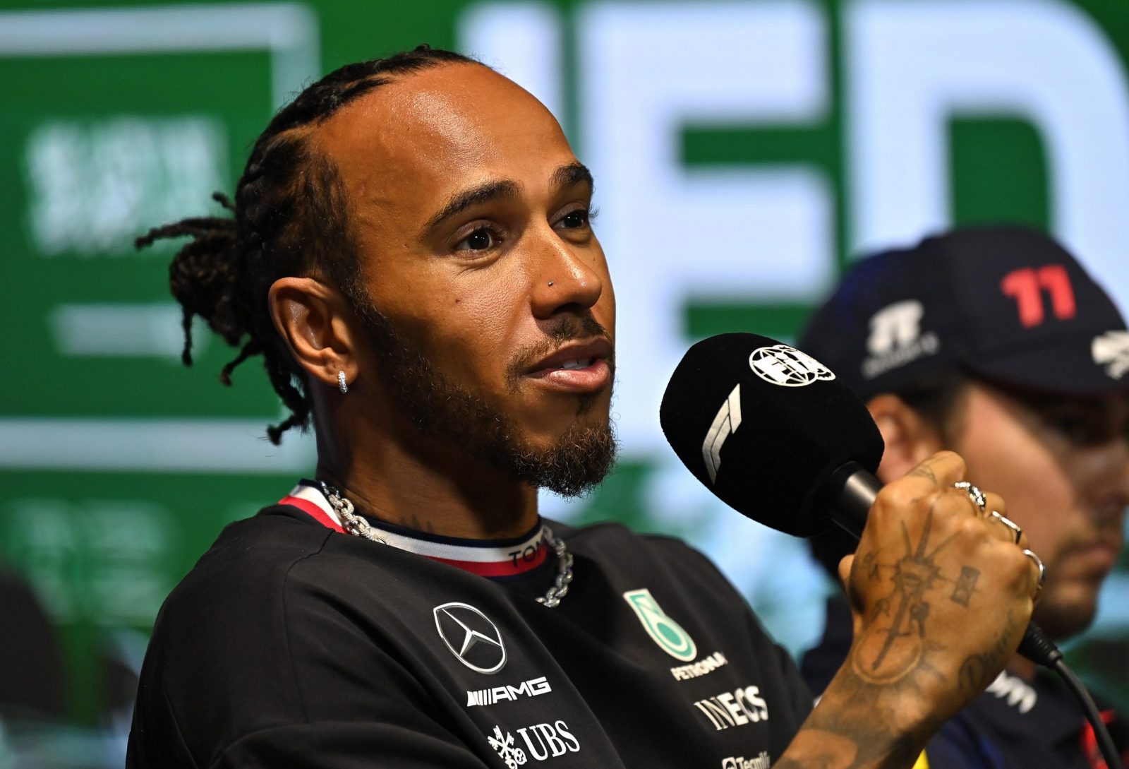 epa10526766 British driver Lewis Hamilton of Mercedes-AMG Petronas attends the drivers' press conference at the Jeddah Corniche Circuit, Saudi Arabia, 16 March 2023. The Formula One Grand Prix of Saudi Arabia will take place on 19 March.  EPA/STR