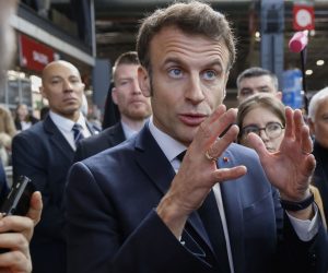 epa10489866 France's President Emmanuel Macron (C), flanked by 'Renaissance' senator Francois Patriat (R), gestures as he visits the 59th edition of the Agriculture fair on its inauguration day in Paris, France, 25 February 2023.  The 2023 edition of the International Agriculture Fair takes place in Paris from February 25 till March 5, 2023.  EPA/LUDOVIC MARIN / POOL  MAXPPP OUT