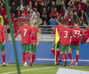 epa10543532 Moroccan players celebrate a goal during the friendly soccer match between Morocco and Brazil, in Tangier, Morocco, 25 March 2023.  EPA/Jalal Morchidi