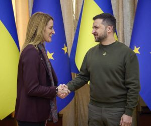 epa10502526 A handout photo made available by the Ukrainian Presidential Press Service shows Ukraine's President Volodymyr Zelensky (R) and Roberta Metsola (L), the President of the European Parliament, pose for a handshake prior their meeting in Lviv, Ukraine, 04 March 2023. Metsola arrived in Ukraine to meet with top officials and express their support for Ukraine amid the Russian invasion.  EPA/UKRAINE PRESIDENTIAL PRESS SERVICE HANDOUT  HANDOUT EDITORIAL USE ONLY/NO SALES