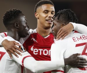 epa10486335 Breel Embolo of AS Monaco celebrates after scoring a goal during the UEFA Europa League play-off, 2nd leg match between AS Monaco and Bayer Leverkusen in Monaco, 23 February 2023.  EPA/Sebastien Nogier