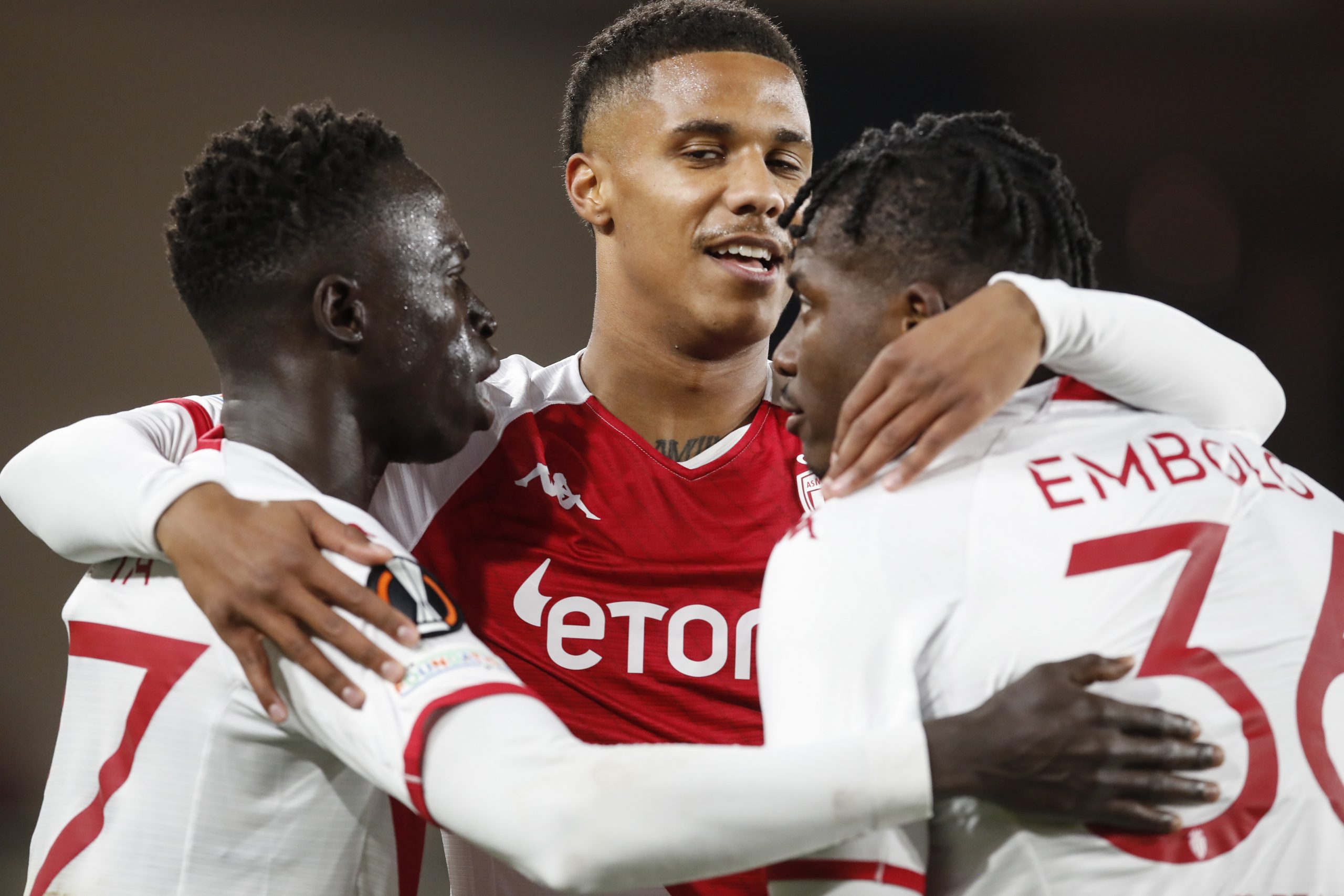 epa10486335 Breel Embolo of AS Monaco celebrates after scoring a goal during the UEFA Europa League play-off, 2nd leg match between AS Monaco and Bayer Leverkusen in Monaco, 23 February 2023.  EPA/Sebastien Nogier