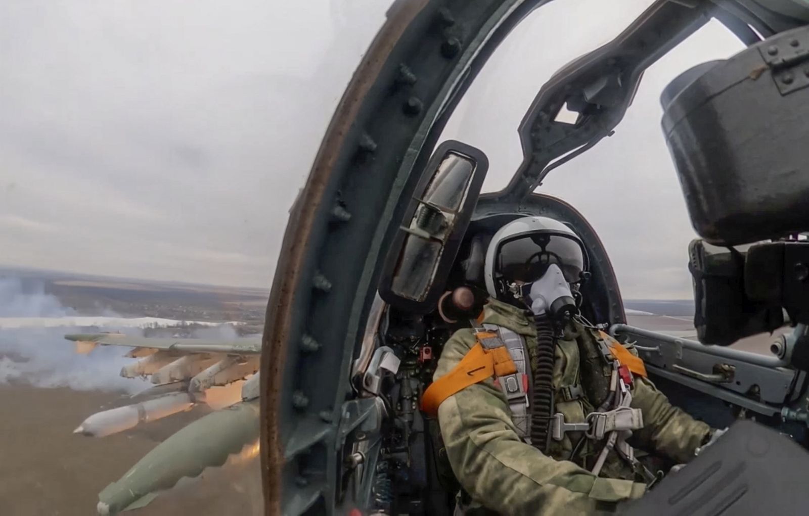 epa10524754 A handout photo made available by the Russian Defence Ministry press-service on 15 March 2023 of a Russian military Soviet-era close air support (CAS) aircraft Su-25 Grach 'Rook' at an undisclosed location in Ukraine. The Russian Defence Ministry said that Russian air forces carried out rocket air strikes on military facilities and equipment of the Armed Forces of Ukraine. On 24 February 2022 Russian troops entered the Ukrainian territory in what the Russian president declared a 'Special Military Operation', starting an armed conflict that has provoked destruction and a humanitarian crisis.  EPA/RUSSIAN DEFENCE MINISTRY PRESS SERVICE HANDOUT -- MANDATORY CREDIT -- BEST QUALITY AVAILABLE -- HANDOUT EDITORIAL USE ONLY/NO SALES