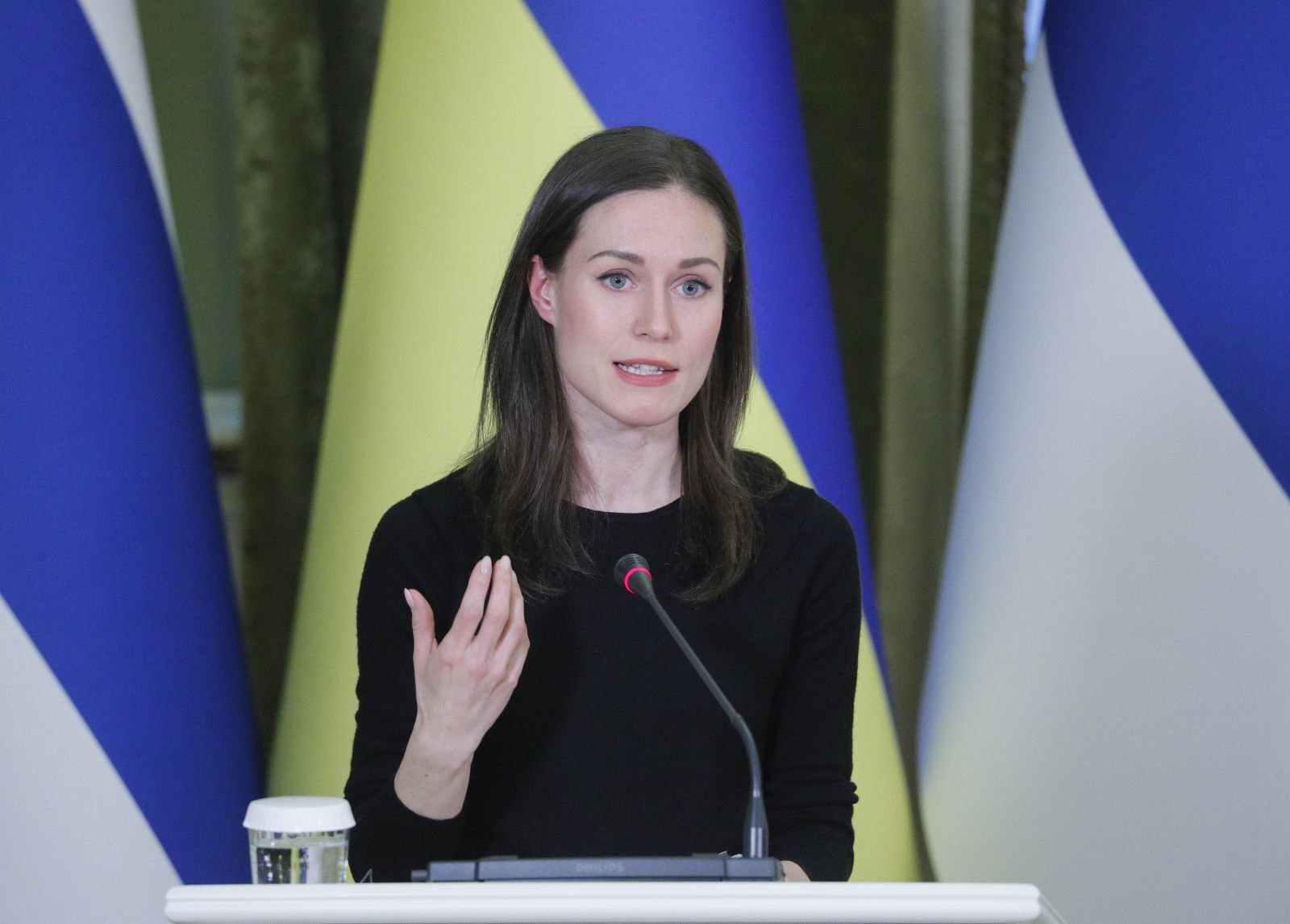 epa10513637 Finland's Prime Minister Sanna Marin attends a joint press conference with the president of Ukraine (not pictured) following their meeting in Kyiv (Kiev), Ukraine, 10 March 2023. Marin arrived in Kyiv to meet with Ukraine's top officials amid the ongoing Russian invasion.  EPA/SERGEY DOLZHENKO