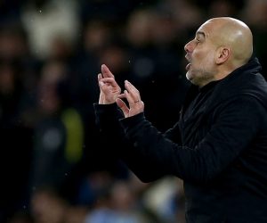 epa10522927 Manchester City's manager Pep Guardiola reacts during the UEFA Champions League Round of 16, 2nd leg match between Manchester City and RB Leipzig in Manchester, Britain, 14 March 2023.  EPA/Adam Vaughan