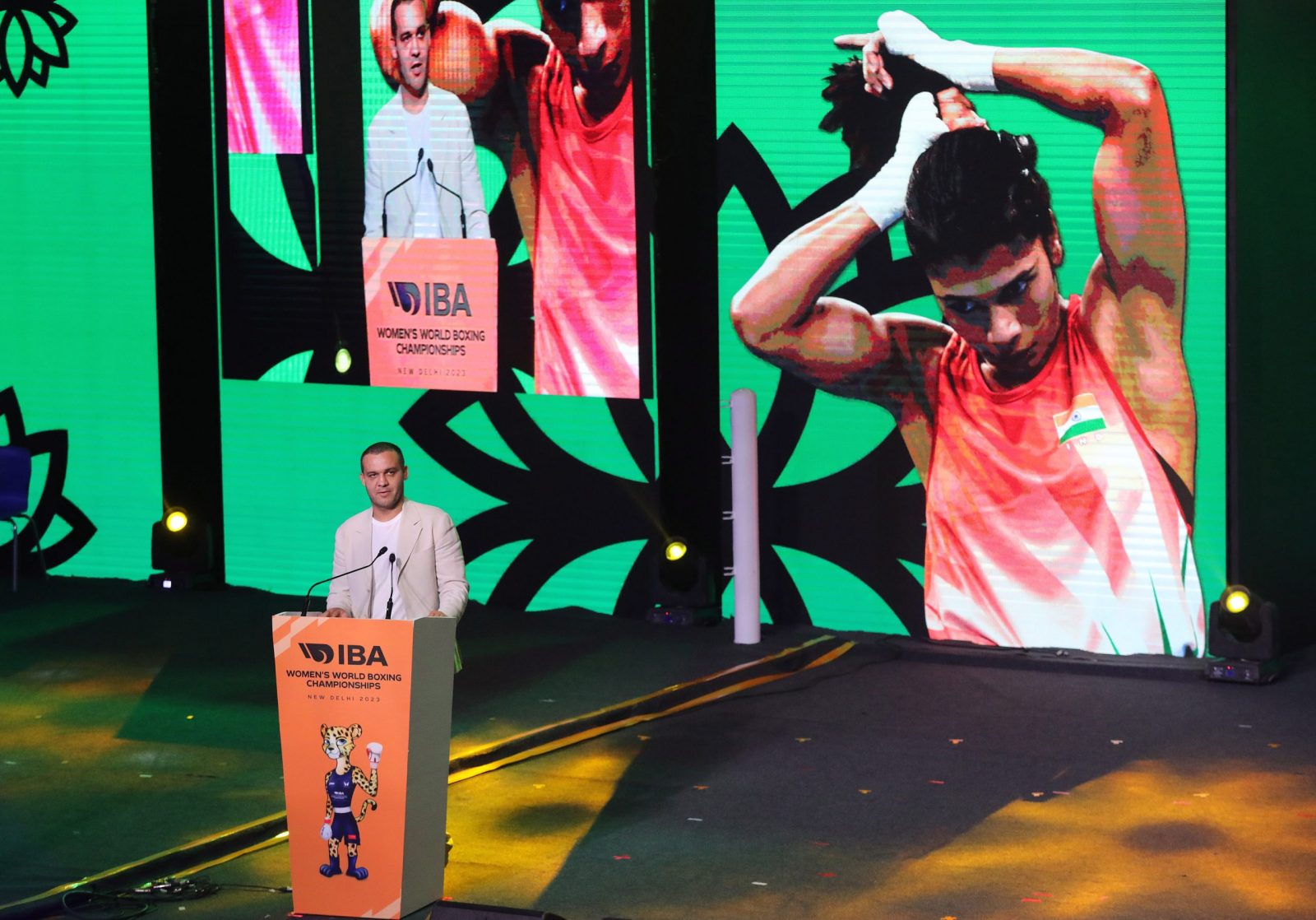 epa10524502 International Boxing Association (IBA) president Umar Kremlev speaks during the opening ceremony of the IBA World Women's Boxing Championships in New Delhi, India, 15 March 2023. The tournament starts 15 March and the IBA decided to let athletes from Russia and Belarus compete under their own flag, being the only Olympic sport to do so.  EPA/RAJAT GUPTA