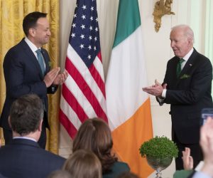 epa10529192 US President Joe Biden (R) and Taoiseach of Ireland, Leo Varadkar (L), attend an event to celebrate Saint Patrick's Day in the East Room of the White House, in Washington, DC, USA, 17 March 2023.  EPA/MICHAEL REYNOLDS