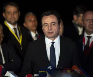 epa10531088 Prime Minister of Kosovo, Albin Kurti addresses the media after the High-level Meeting of the Belgrade-Pristina Dialogue in Ohrid, Republic of North Macedonia, 18 March 2023. International diplomats are trying to make progress with the so-called 'French-German' plan in an effort to normalize the ties between Kosovo and Serbia.  EPA/GEORGI LICOVSKI