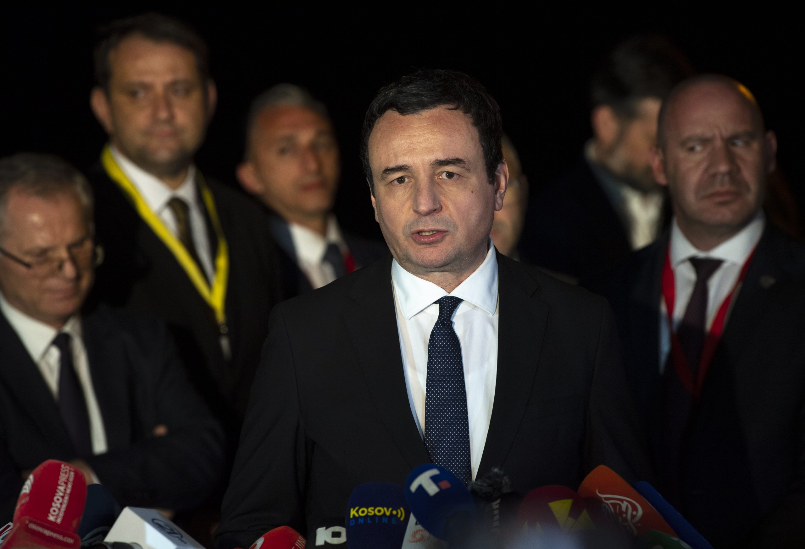 epa10531088 Prime Minister of Kosovo, Albin Kurti addresses the media after the High-level Meeting of the Belgrade-Pristina Dialogue in Ohrid, Republic of North Macedonia, 18 March 2023. International diplomats are trying to make progress with the so-called 'French-German' plan in an effort to normalize the ties between Kosovo and Serbia.  EPA/GEORGI LICOVSKI